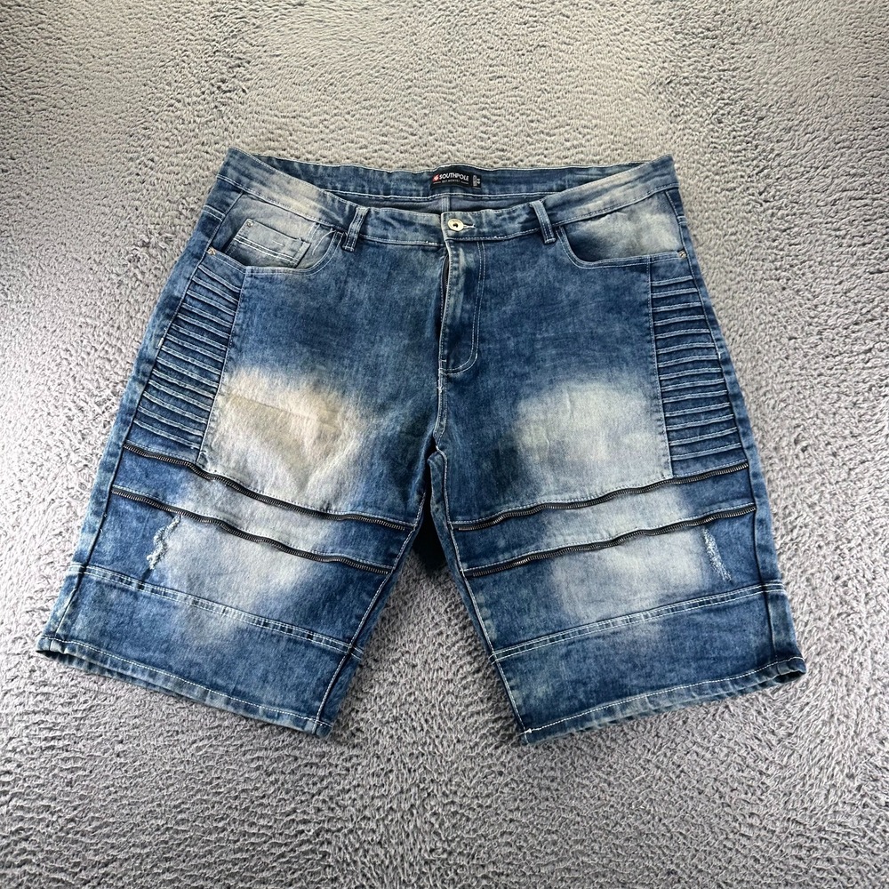 Southpole Shorts Mens 42 Blue Cotton Denim Biker Motorcycle Travel Faded Stretch